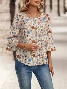 Floral print women's casual round neck top featuring elegant ruffled 3/4 sleeve design