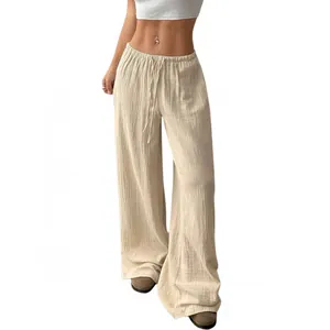 Pantalon large décontracté en coton lin beige pour femme avec cordon de serrage à la taille