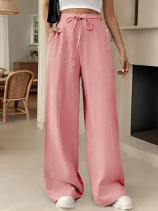 Pantalon large rose décontracté à taille haute avec cordon de serrage et texture