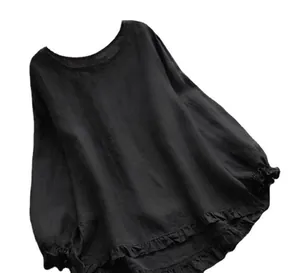 Blusa informal de algodón y lino con dobladillo y puños con volantes en negro liso