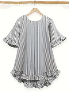 Chemise rayée ample décontractée à manches mi-longues et ourlet à volants pour femme