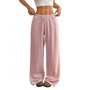 Pantalon large décontracté en coton et lin rose pour femme avec cordon de serrage