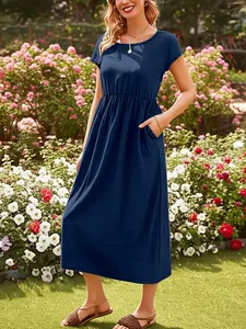 Elegant navy blue short sleeve maxi dress featuring elastic waist and side pockets