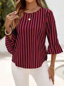 Casual women's blouse featuring red and navy blue vertical stripes and bell sleeves