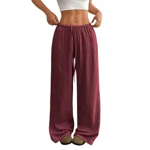 Pantalon large décontracté en coton et lin bordeaux pour femme avec cordon de serrage
