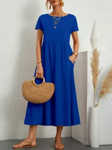 Blue crew neck short sleeve maxi dress with elastic waist and side pockets