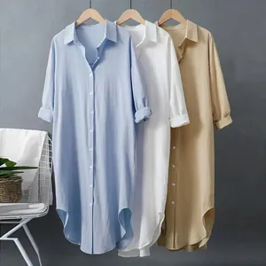Chemise Blanche en Coton et Lin Décontractée pour Femmes Blouse Longue à Manches Longues Coupe Large Style Vintage Couleur Unie
