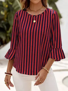 Red and navy vertical striped blouse with flared three-quarter sleeves and crew neck