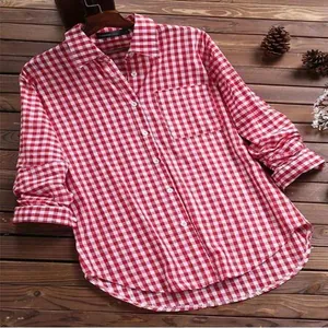 Rotes und weißes Gingham-Langarmhemd im Vintage-Stil mit Brusttasche und Reverskragen