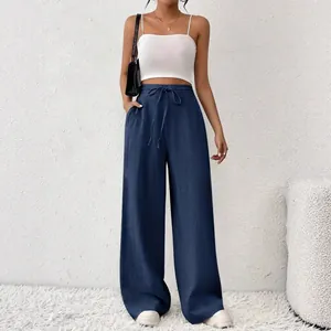 Pantalon décontracté à jambes larges et taille haute avec cordon de serrage bleu