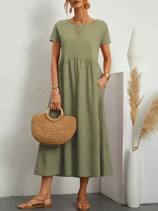 Casual crew neck short sleeve olive green ice silk wrinkled elastic waist maxi dress