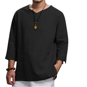Front view of a men's loose black V-neck linen shirt with long sleeves for daily wear