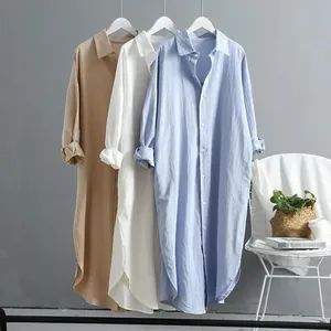 Chemises tuniques amples en coton et lin pour femmes en blanc bleu et kaki taille XL