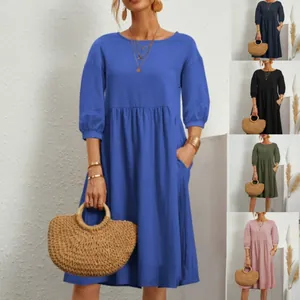 Women Cotton Linen Lantern Sleeve Midi Dress Solid Color Loose Fit Pleated Casual Dress With Pockets
