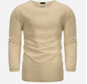 Detailed view of a men's beige V-neck long sleeve cotton linen shirt in a loose fit