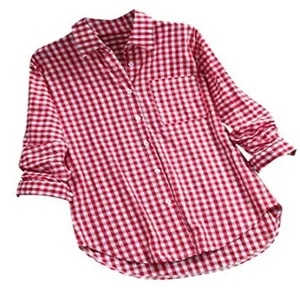 Detailansicht Damen Vintage Gingham-Hemd in Rot, langärmelig, locker mit Tasche