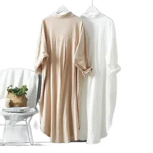 Chemises amples en coton et lin mi-longues pour femmes de style décontracté beige et blanc