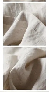 Close-up macro view of natural beige cotton linen fabric texture and stitching detail