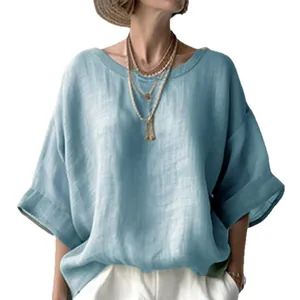 Women's comfortable light blue round neck loose fit plus size casual linen shirt