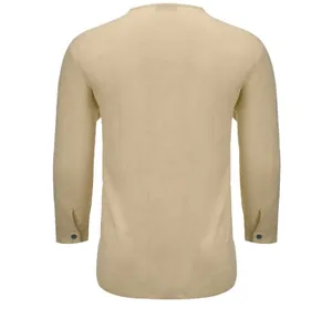 Detailed back view of a men's loose fit cotton linen long sleeve shirt in beige color