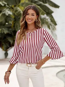 Casual red and white striped top with round neck and flared bell sleeves