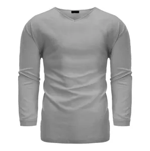 Detailed front view of men's gray long sleeve V-neck cotton linen loose casual shirt