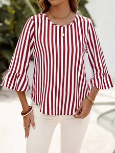 Casual women's red and white striped blouse with bell sleeves and round neck