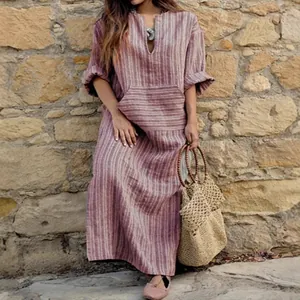 Robe longue bohème élégante en coton et lin rayé avec poche avant pour femmes