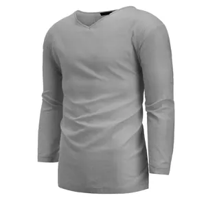 Detailed macro view of a grey long sleeve V-neck cotton linen casual shirt for men