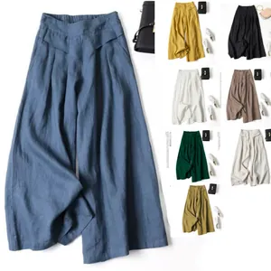 Women Retro High Waist Cotton Linen Wide Leg Culottes Loose Drapey Semi Elastic Waist Nine Point Skirt Pants Trousers