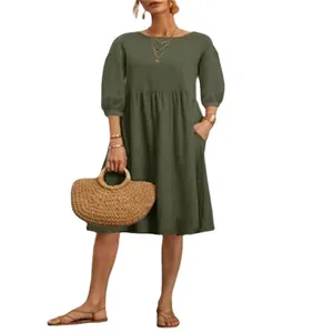 Loose olive green cotton linen dress with lantern sleeves and pockets for women.