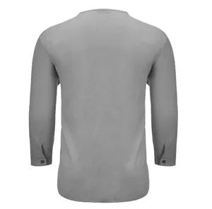Back view of men's gray long-sleeve cotton-linen loose fit shirt showing fabric texture
