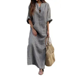 Robe longue bohème ample en coton et lin à rayures avec col en V et poche frontale