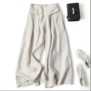 Women's high-waisted minimalist cotton linen wide-leg pants in off-white finish