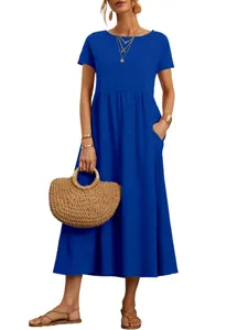 Robe longue décontractée bleu roi à manches courtes avec col rond et poches latérales