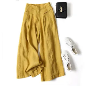 Yellow loose cotton linen wide leg trousers with high elastic waist for women's wear