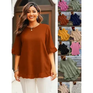 Dames Casual Polyester Ruffle Blouse Ronde Hals Uitlopende Mouw High-Low Top Effen Losse Mode Zomer Shirt