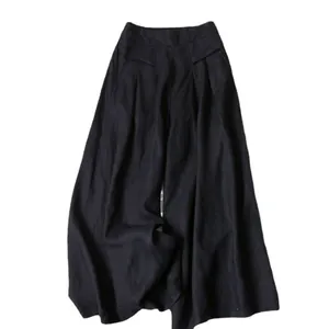Casual black cotton linen wide-leg trousers featuring a high elastic waist and pleated design