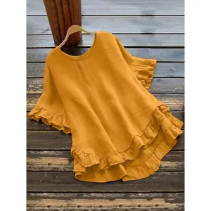 Women's yellow round neck top with ruffled bell sleeves and high-low hem