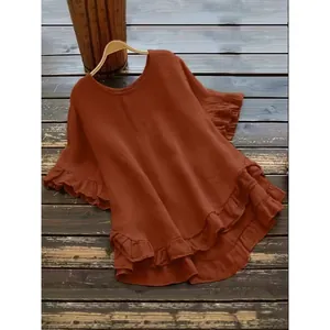 Elegant terracotta ruffle hem blouse with bell sleeves and round neck for women