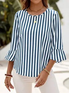 Detailed view of casual blue and white vertical striped blouse with stylish 3/4 bell sleeves