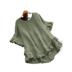Casual green women's blouse with ruffled flared sleeves and high-low hem design