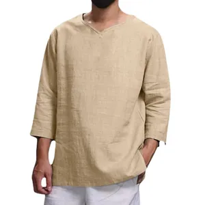 Men's loose cotton linen V-neck shirt in khaki, comfortable long sleeve summer top.