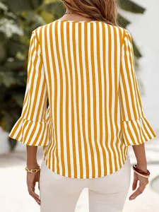 Back view of a yellow and white vertical striped casual blouse featuring ruffle bell sleeves