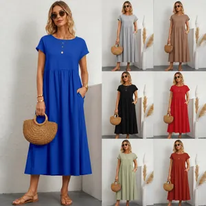 Visualizzazione multicolore di abito lungo in cotone e lino con tasche laterali