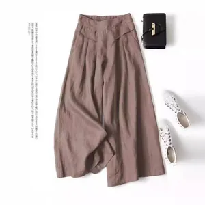 Elegant high waist cotton linen wide-leg culottes with loose draped fit in brown