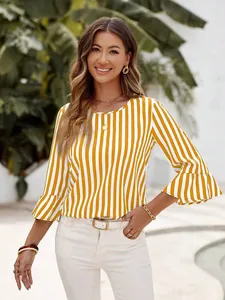 Casual round neck striped top with ruffle three-quarter sleeves for women