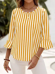 Detail view of yellow striped blouse with ruffle sleeves and casual round neck design