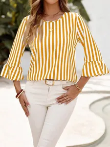 Detail view of yellow vertical striped round neck blouse with 3/4 bell sleeves