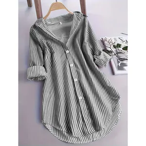 Fashionable casual women's loose vertical striped longline shirt with long sleeves and buttons
